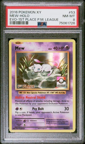 PSA 8 MEW-HOLO EVO-1ST PLACE P.M. LEAGUE 2016 POKEMON XY EVOLUTIONS