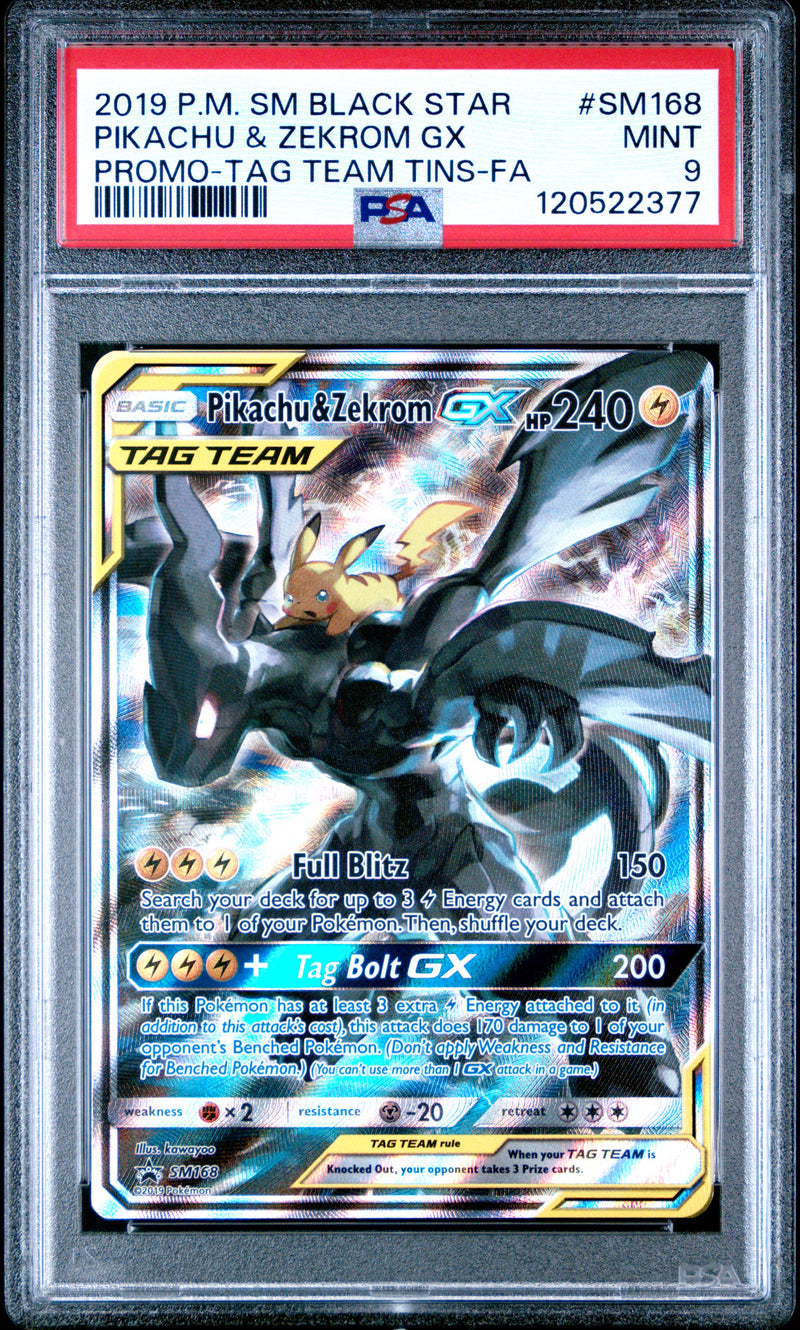 PSA 9 - PIKACHU & ZEKROM GX PROMO-TAG TEAM TINS-FA 2019 POKEMON SM BLACK STAR PROMO