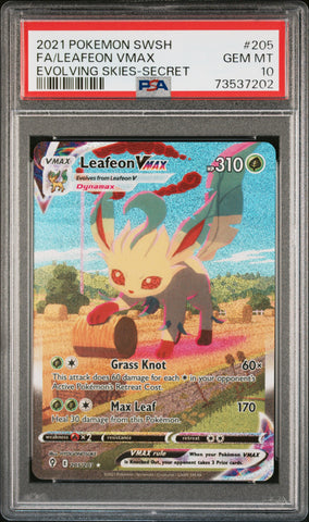 PSA 10 - FA/LEAFEON VMAX EVOLVING SKIES-SECRET 2021 POKEMON SWORD & SHIELD EVOLVING SKIES